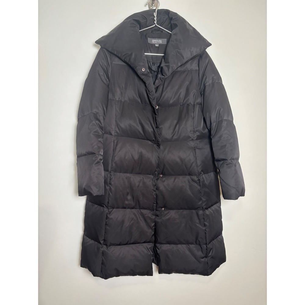 Kenneth Cole Reaction Womens Long Down Fill Puffer Coat Large Black Shawl Collar